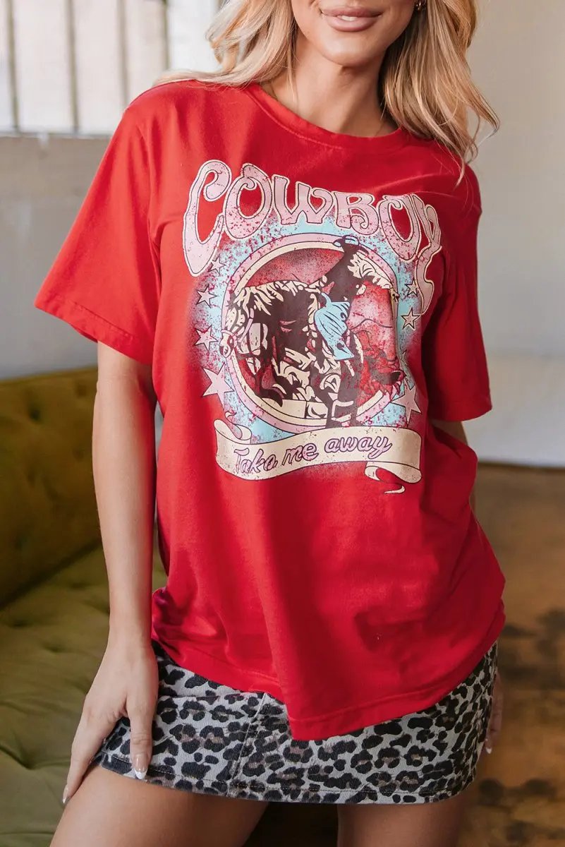Tomato Red COWBOY Take Me Away Graphic Western Loose Tee - Love Salve